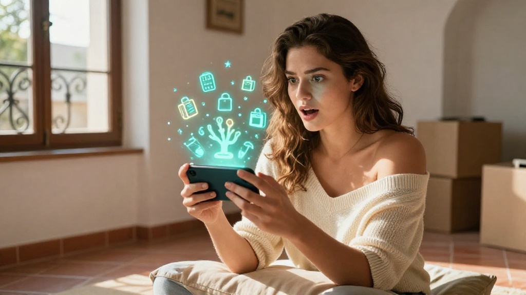 Молодая женщина с телефоном ищет недорогие вещи для квартиры в Аликанте на фоне солнечного интерьера