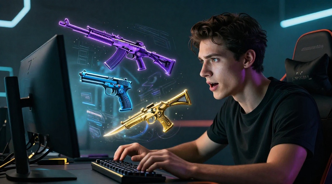 Молодой геймер за компьютером в момент открытия кейса CS2 с парящими скинами оружия редкого качества на фоне неонового игрового пространства