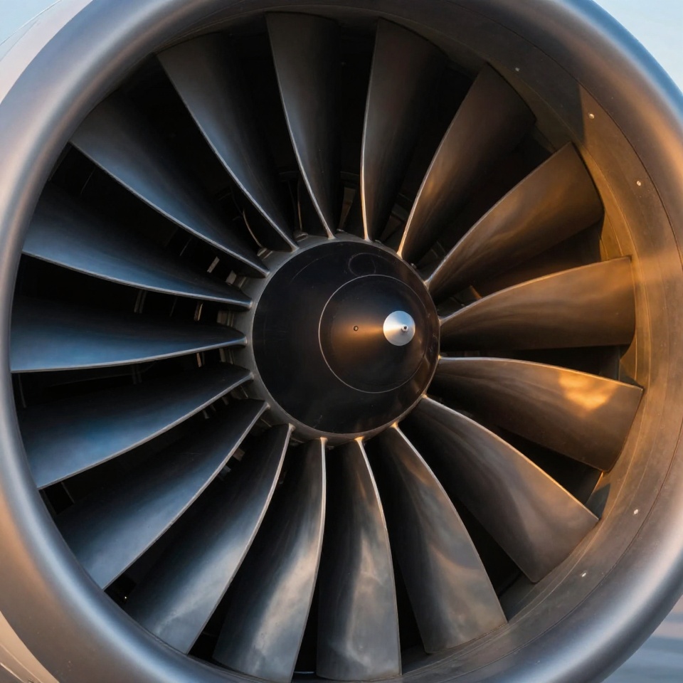 Детальный макроснимок турбины самолета Air Astana в золотом свете заката, символизирующий премиальный сервис и надежность национального перевозчика Казахстана