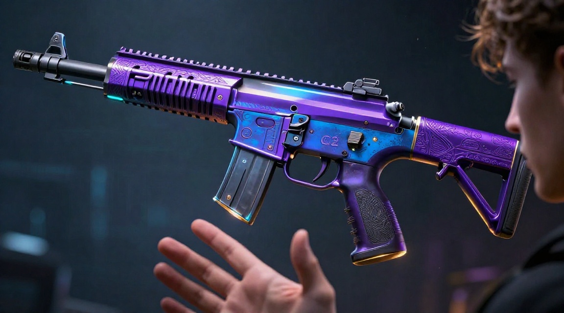 Макросъемка редкого скина оружия CS2 с фиолетово-золотым свечением редкости и детальной металлической текстурой на темном фоне